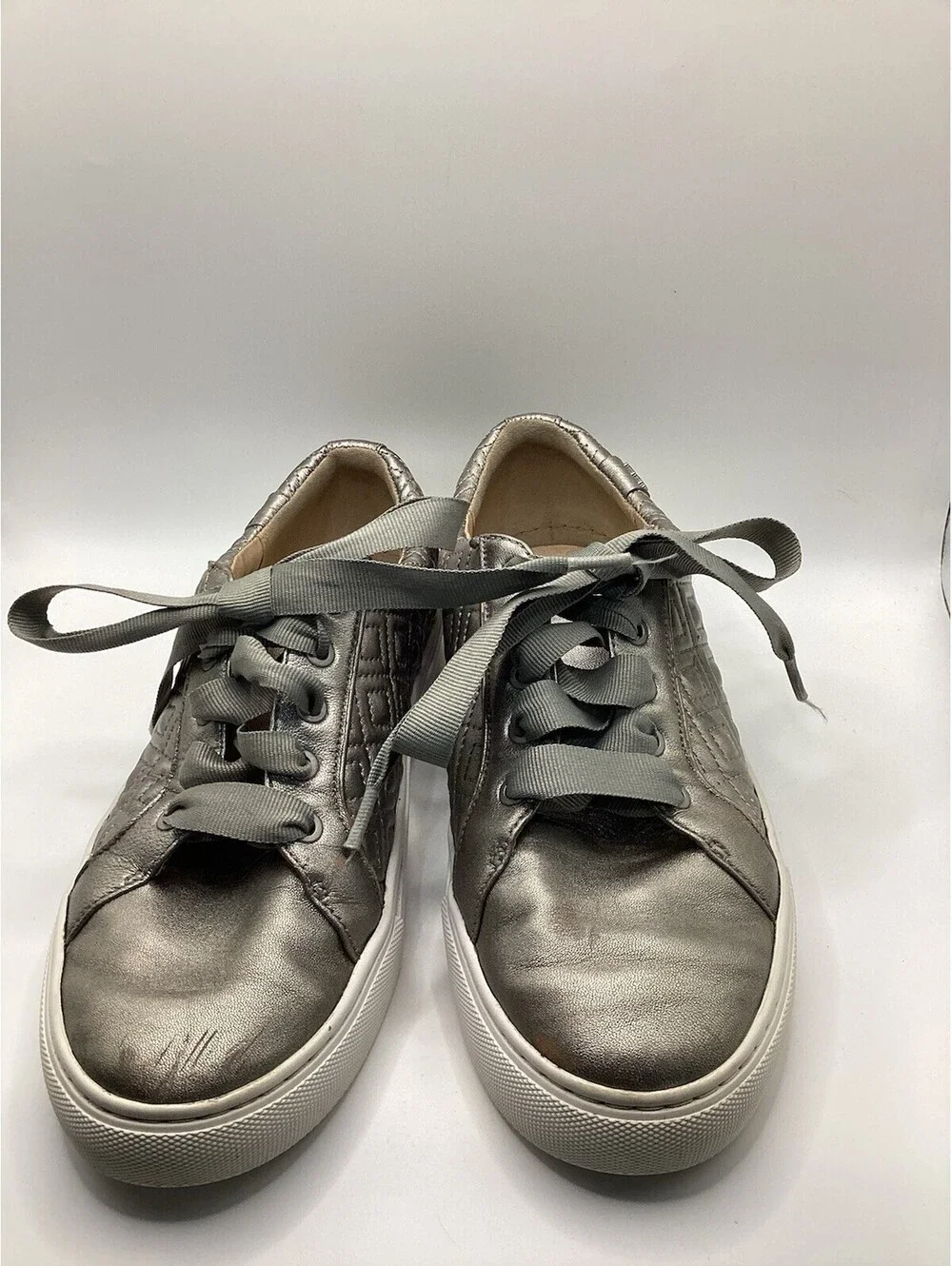 Tory Burch Gold Quilted Leather Low Top Lace-Up Sneakers w/ Logo Accent Size 7.5